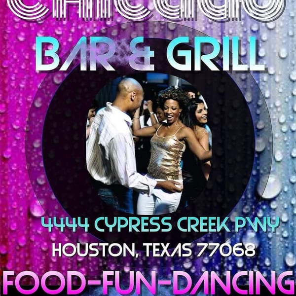 A man and two women dancing in a club, with text overlay for Chicago Bar & Grill.