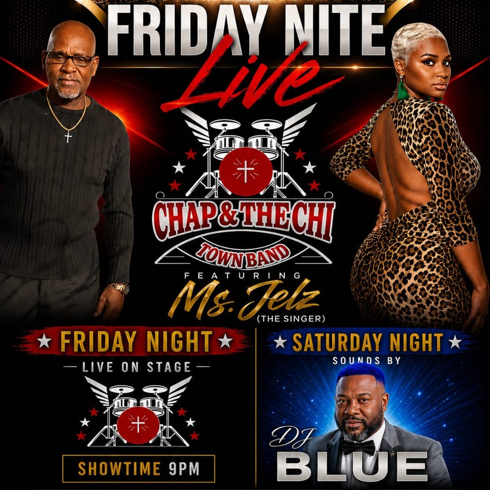 Promotional poster for Chap & The Chi Townband featuring two performers, live music, and Friday and Saturday night events.