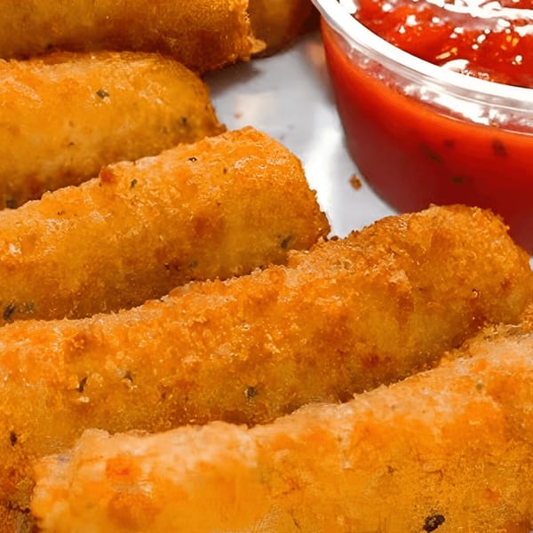 Golden-brown mozzarella sticks with a side of red marinara sauce, a classic bar-and-grill appetizer.