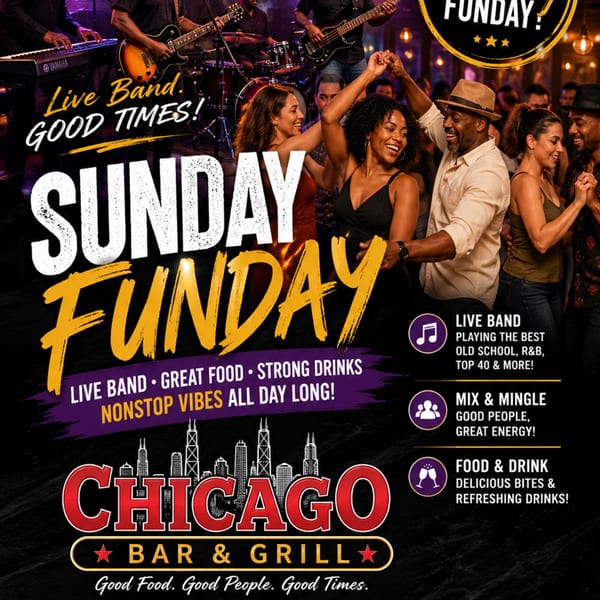People dancing and a live band playing at Chicago Bar & Grill's "Sunday Funday" event.
