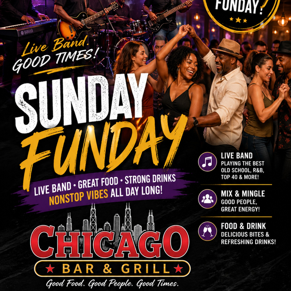 People dancing and a live band playing at Chicago Bar & Grill's "Sunday Funday" event.