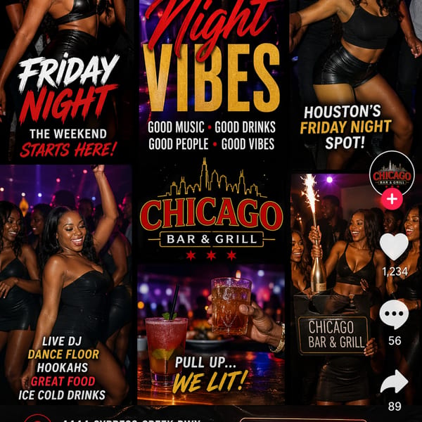 A collage of people dancing, drinks, and the Chicago Bar & Grill logo, advertising "Friday Night Vibes."