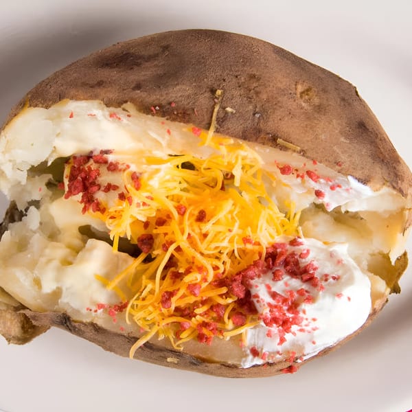 Baked potato with sour cream, shredded cheddar cheese, and bacon bits on a white plate.