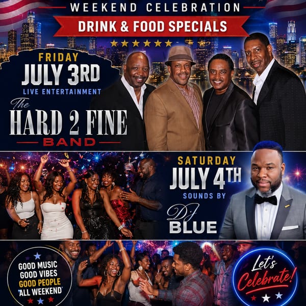 Promotional poster for a weekend celebration with live band, DJ, and people dancing.