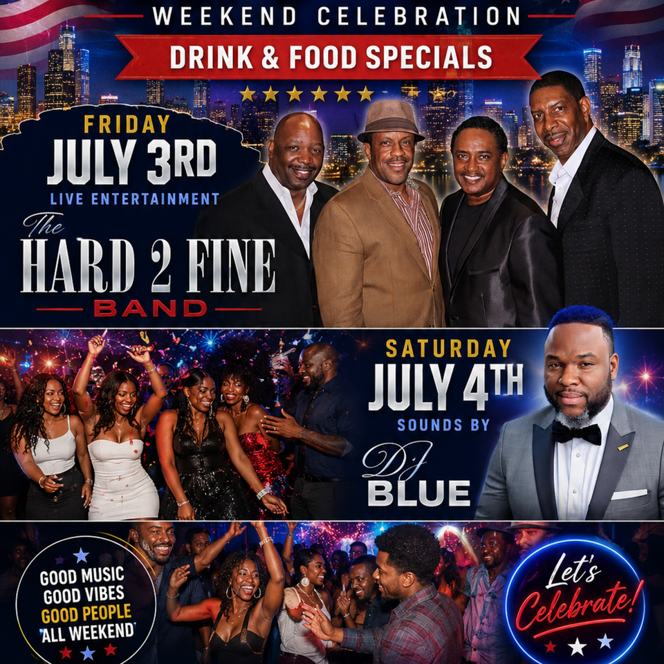 Promotional poster for a weekend celebration with live band, DJ, and people dancing.