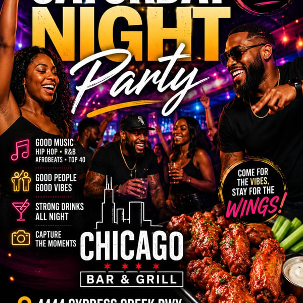 A vibrant party flyer for Chicago Bar & Grill, featuring dancing people, drinks, and a plate of wings.