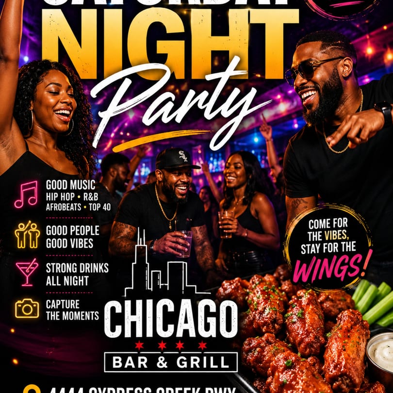A vibrant party flyer for Chicago Bar & Grill, featuring dancing people, drinks, and a plate of wings.