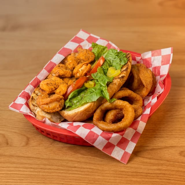 Fried shrimp po'boy basket.